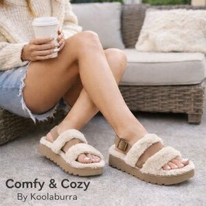 UGG Koolaburra Fuzz’d Out Sandals Women’s 10 Brown Faux Fur Slippers NWOT Cozy